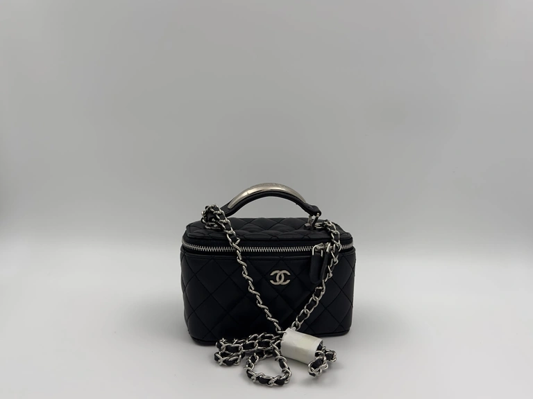 Chanel Black Quilted Calfskin Top Handle Vanity Case Silver