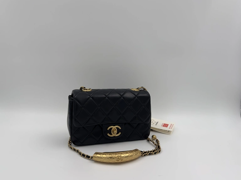 Chanel Black Quilted Leather Mini Square Charm Strap Flap Bag